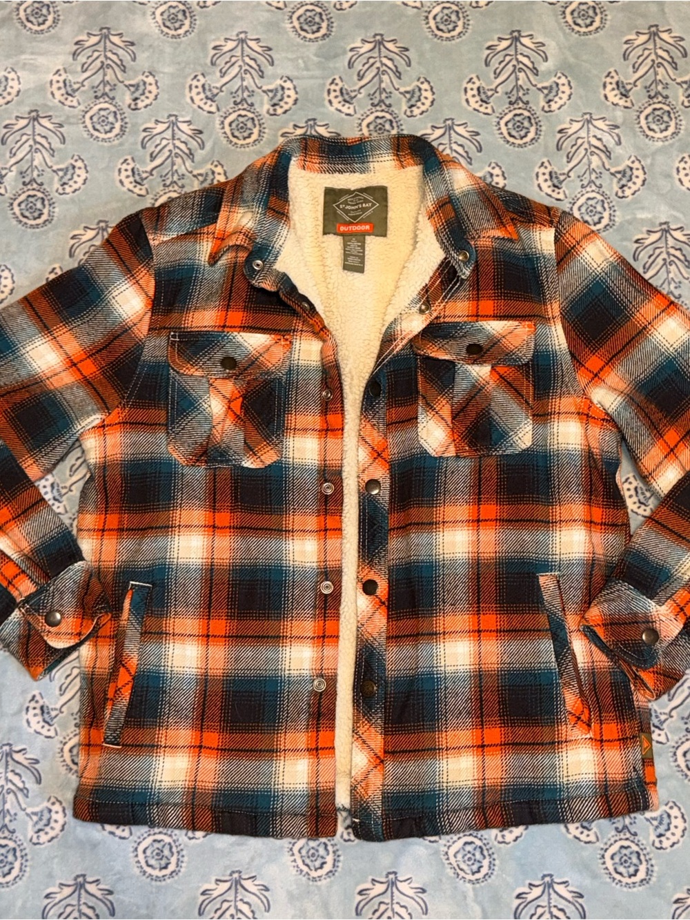 St. John's Bay Orange, Navy & Cream Plaid Sherpa-Lined Shirt Jacket